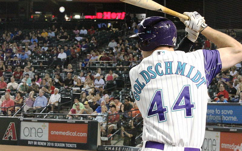 Paul Goldschmidt stands in the on-deck circle in a game against the Colorado Rockies on Thursday, Oct. 1, 2015. (Photo by Torrence Dunham/Cronkite News)