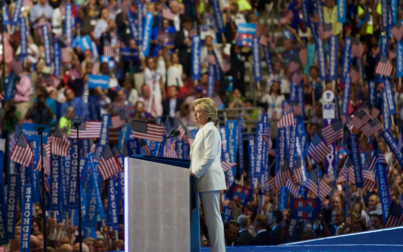 Hillary Clinton gives a speech on the final night of the Democratic National Convention. (Photo by Kelsey DeGideo/Cronkite News)