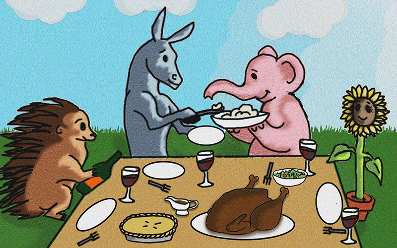 Political mascots engage in civil conversation during Thanksgiving dinner. (Illustration by Roman Russo/Cronkite News)