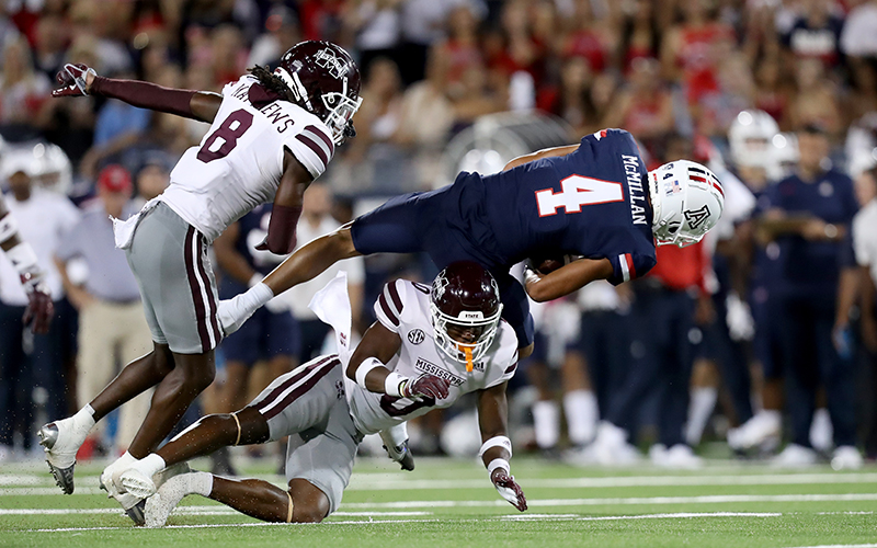 Arizona Wildcats wide receiver Tetairoa McMillan is among the five-star recruits that have the team excited about the future, despite the loss to Mississippi State Saturday in Tucson. (Photo by Christopher Hook/Icon Sportswire via Getty Images)