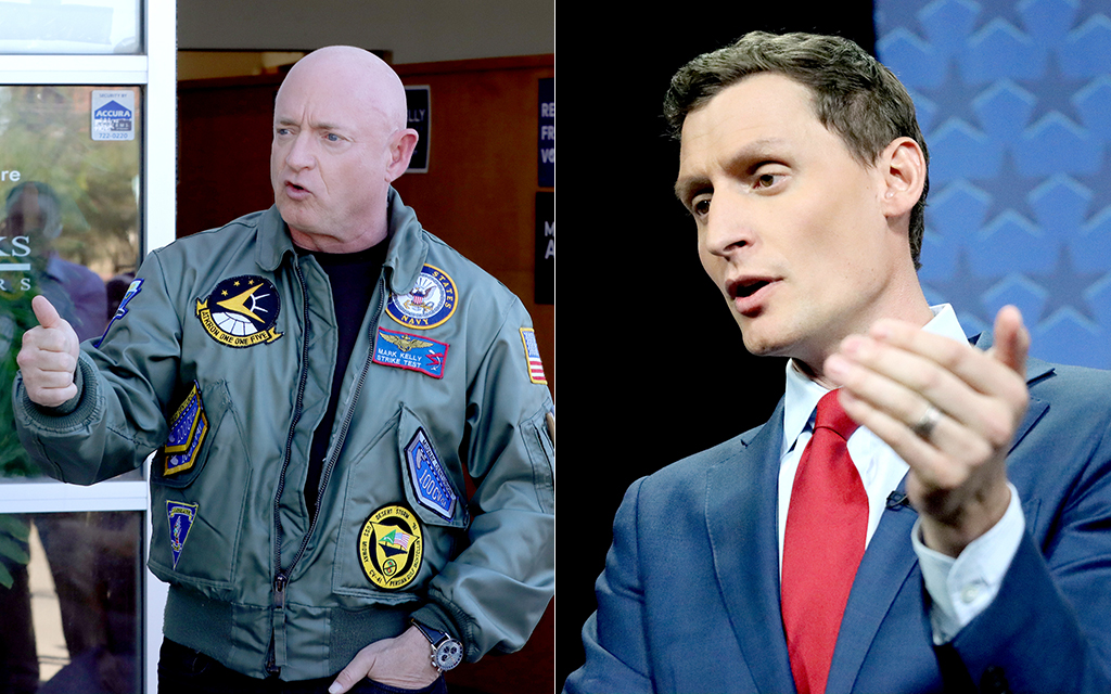 Left: Sen. Mark Kelly speaks in front of volunteers gathered at his Tucson field office on Election Day to thank them for helping his campaign for reelection to the U.S. Senate. Right: Republican Senate nominee Blake Masters at an Oct. 6 debate for the 2022 Senate election. (Photos by Justin Spangenthal and Alexia Faith/Cronkite News)