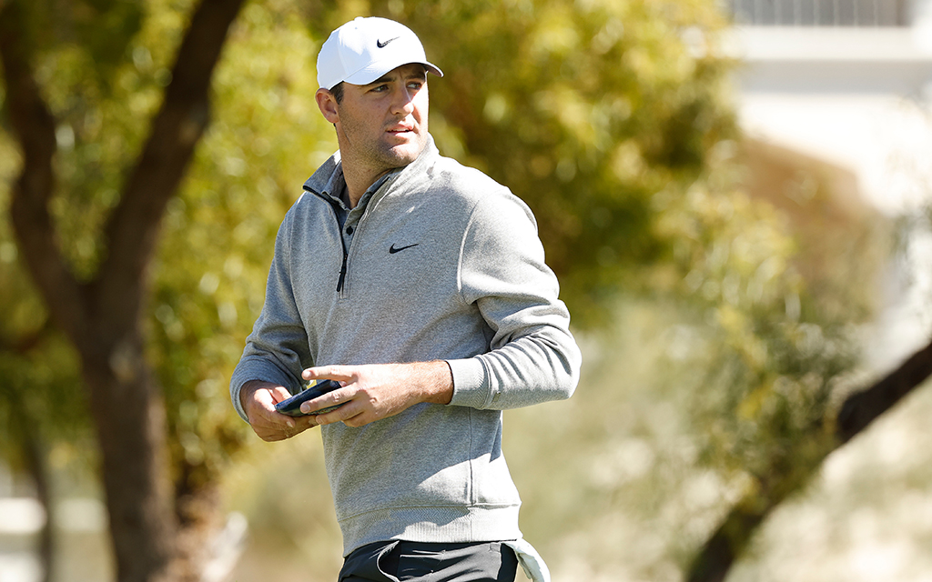 Scottie Scheffler had a strong round but the wind also messed with his game, especially at the 16th hole during the second round of the WM Phoenix Open at TPC Scottsdale Friday. (Photo by Sarah Stier/Getty Images)