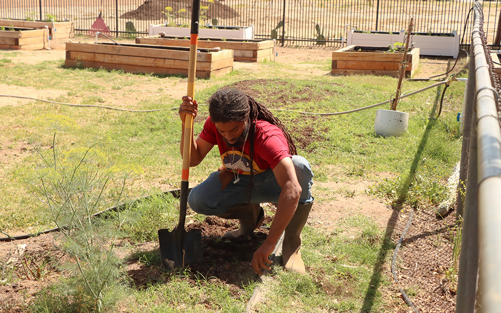 A volunteer at the TigerMountain Foundation, Brandon Bates, tends to the soil at the TigerMountain Foundation community gardens on April 25, 2023. (Photo by Logan Camden/Cronkite News)