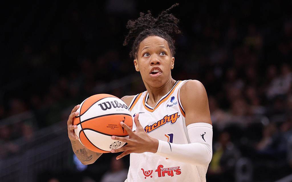 Phoenix Mercury guard Sug Sutton has excelled in her first WNBA season since 2021, averaging 12.3 points off the bench through the first three games of the regular season. (Photo by Steph Chambers/Getty Images)