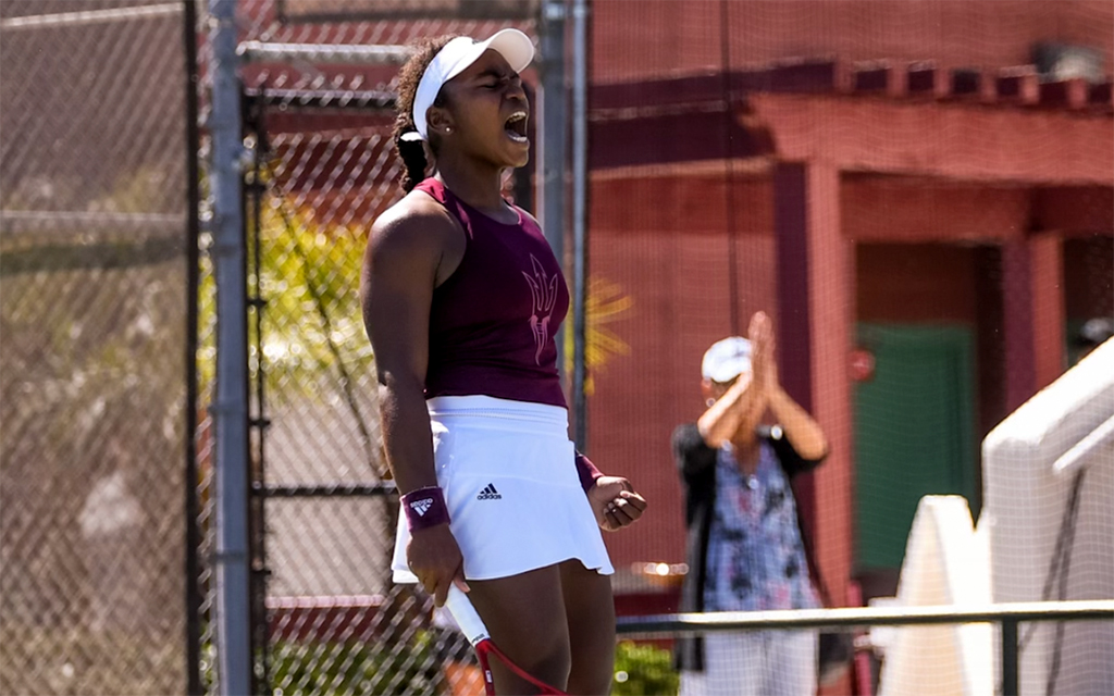 Chelsea Fontenel, a rising tennis star and aspiring singing tennis player, showcased her fierce determination on the court last season as a freshman member of Arizona State's women's tennis team. (Photo courtesy of Sun Devil Athletics)