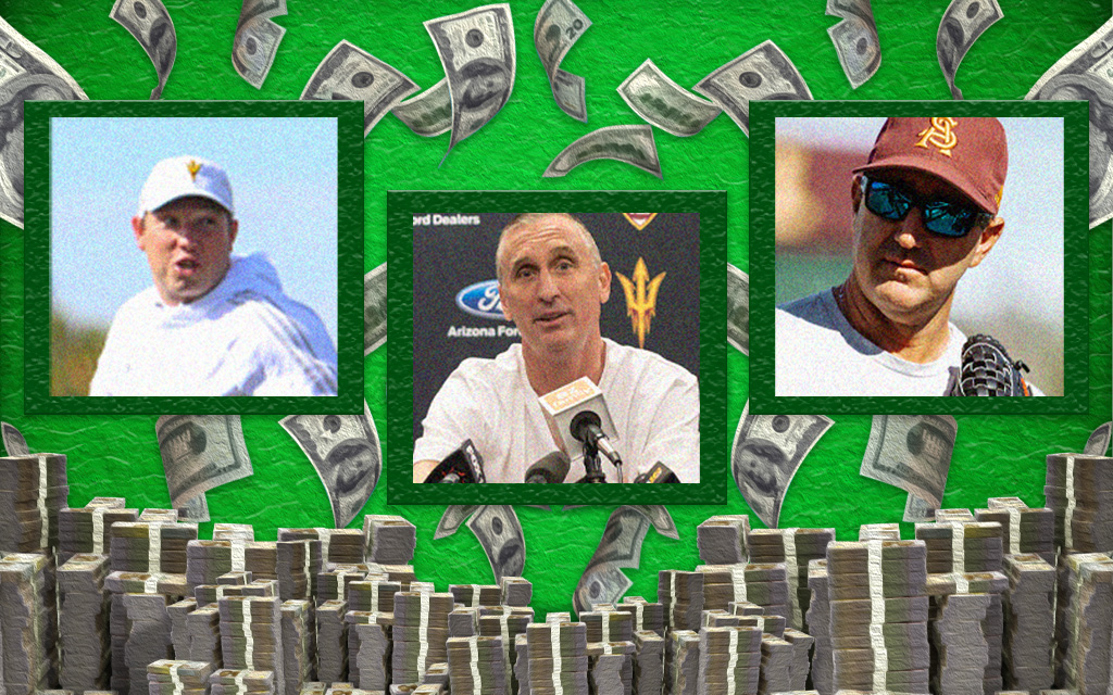 Arizona State coaches Kenny Dillingham, left, Bobby Hurley, middle, and Willie Bloomquist face new offseason challenges due to NIL and the transfer portal in the evolving landscape of college athletics. (Illustration by Spencer Durose/Cronkite News)