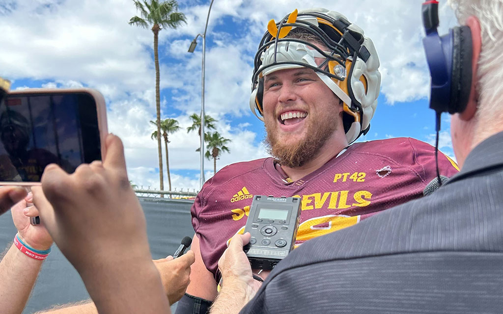 ASU offensive lineman being interviewed.