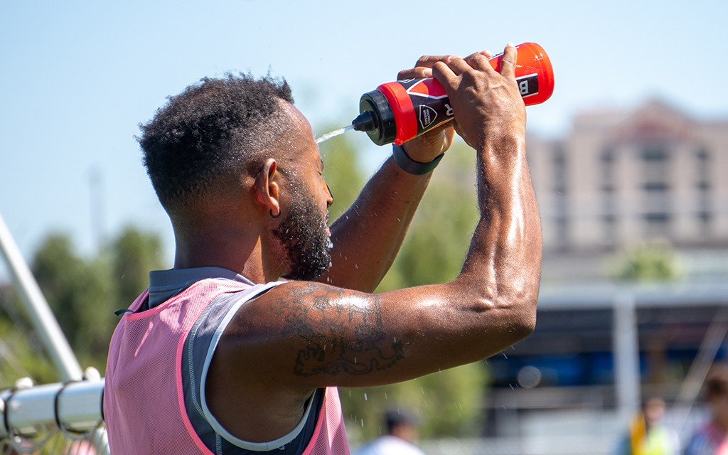 Phoenix Rising FC's strategic scheduling of evening home games provides players like Darnell King with a cooler playing surface and better conditions on the pitch. (Photo courtesy of Phoenix Rising)
