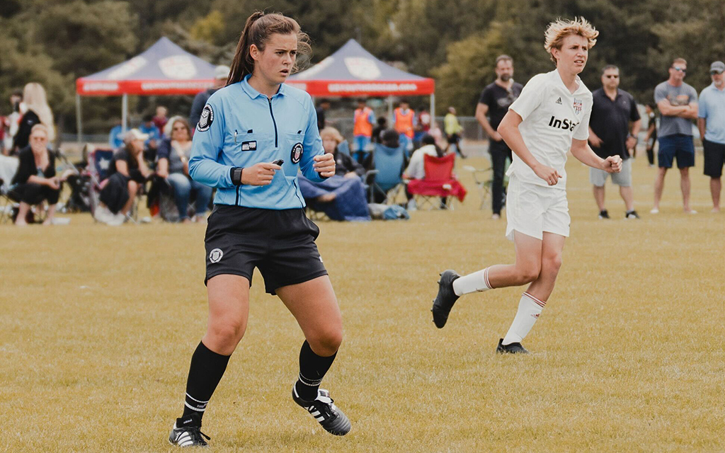 Kylie Rhodes refs at US Youth Soccer Far West Regional Championships in June 2023 in Boise, Idaho. (Photo courtesy of Joel Votaw)