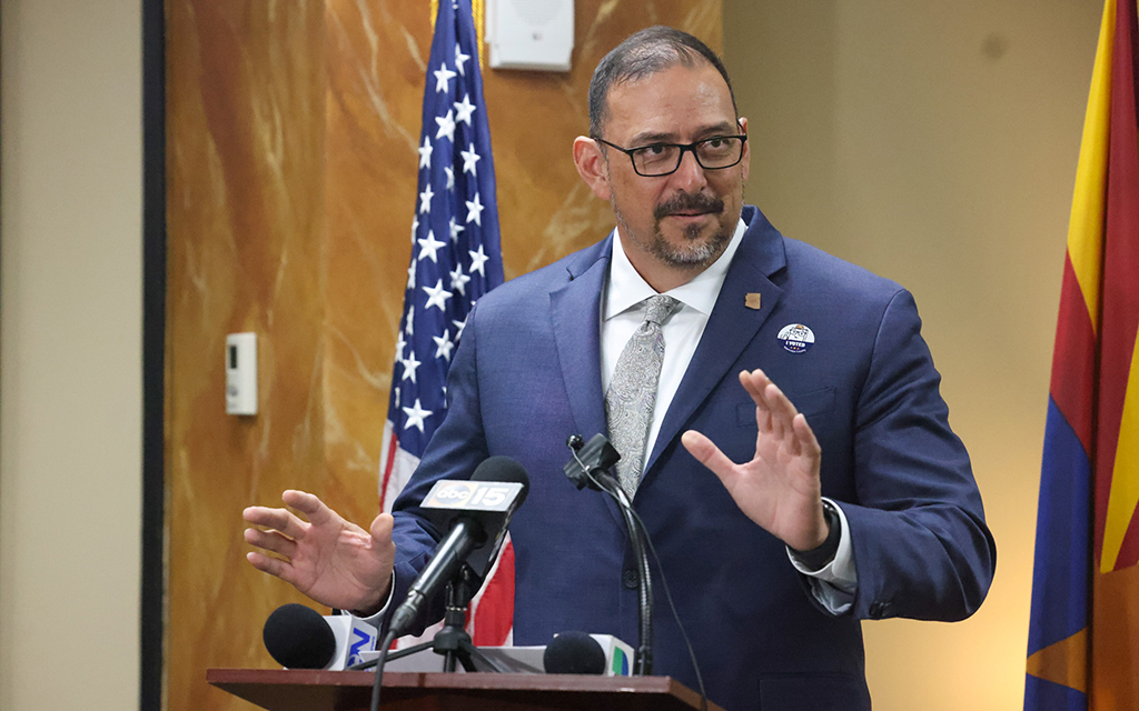 Arizona Secretary of State Adrian Fontes speaks at the State Capitol Executive Tower on March 19, 2024. (Photo by Mariah Temprendola/Cronkite News)
