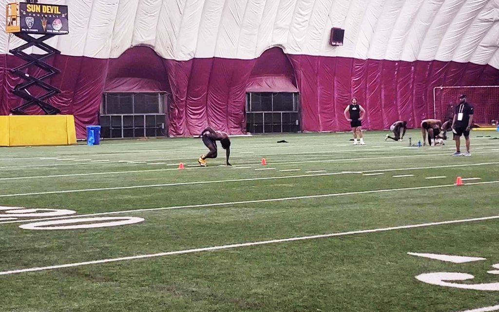 ASU football players participate in the annual pro day event Wednesday to showcase their skills and athleticism in front of NFL scouts and coaches ahead of the upcoming NFL Draft. (Photo by John Busker/Cronkite News)