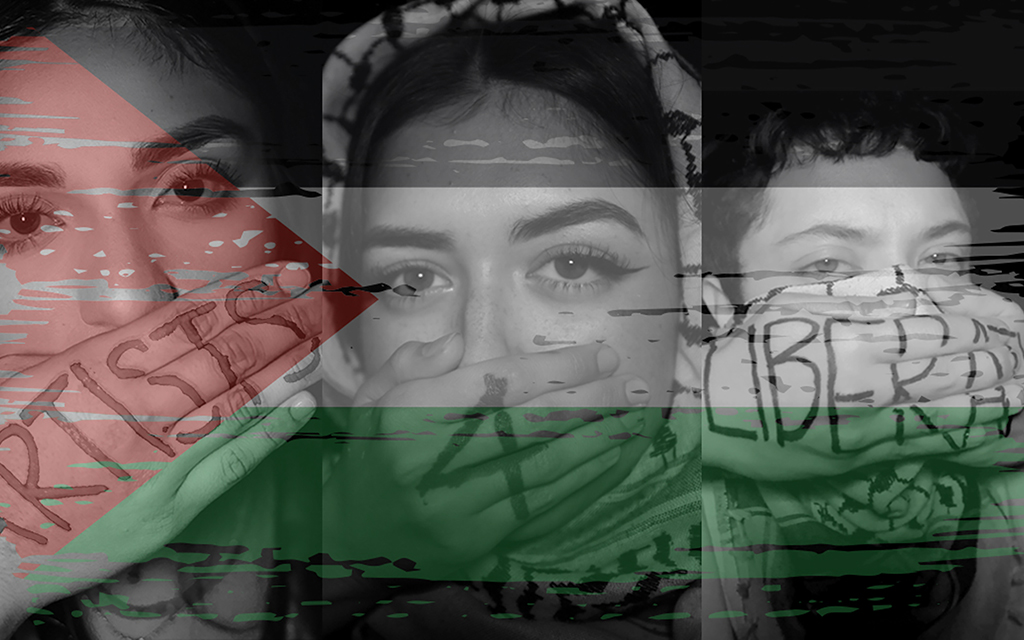 Bianey Luna, Christina Valles and E Rizo, members of Artists 4 Liberation pose for the camera with the name of the human-rights advocacy organization written on their hands on March 21, 2024. (Photo illustration by Kayla Mae Jackson/Cronkite News)