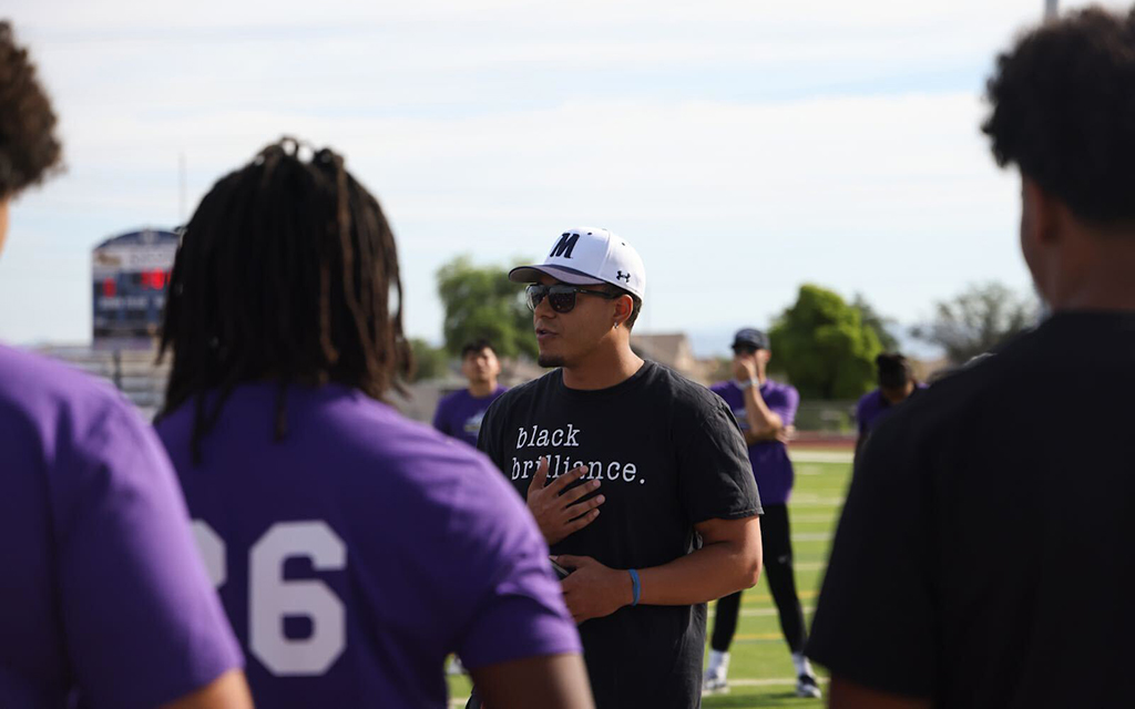 Jayden Wooden, who earned All-Conference honors as a senior safety at Morgan State in 2022, talks to athletes during Arizona’s first HBCU Football Camp at Higley High School in Gilbert, Arizona, on Saturday. (Photo by Joshua Heron/Cronkite News)