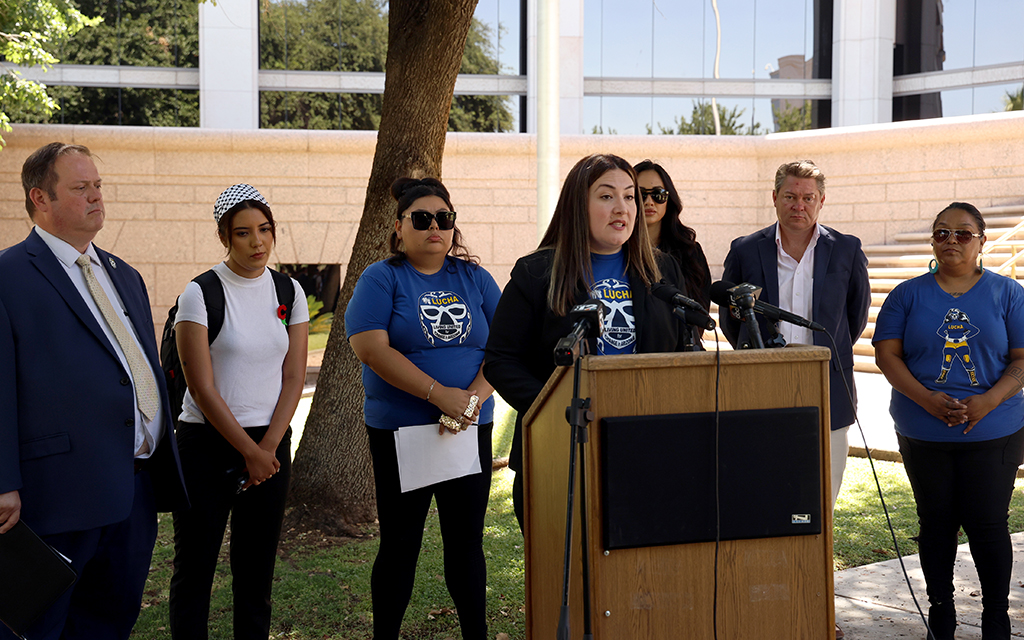 Alejandra Gomez, LUCHA executive director, says if HCR 2060 proceeds to the ballot in November, Arizona voters will be heard on Election Day. “While Republicans believe this will rally their base, I can assure you that a different story will be told on the day after the election,” Gomez says at a news conference in Phoenix, on June 5, 2024. (Photo by Stella Subasic/Cronkite News)