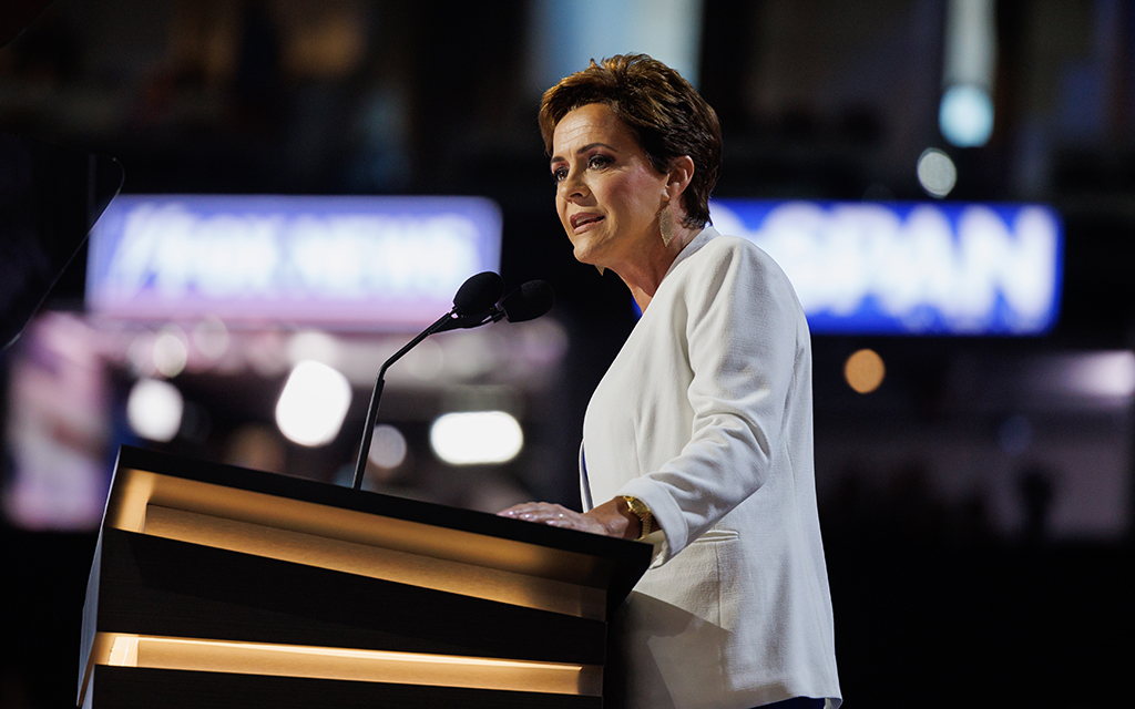 Kari Lake, the GOP frontrunner for Arizona’s U.S. Senate seat being vacated by Independent Kyrsten Sinema, speaks at the Republican National Convention in Milwaukee on July 16, 2024. (Photo by Hudson French/News21)