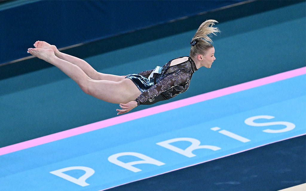 Even though she battled illness, Phoenix's Jade Carey had a strong showing in early competition and sits second in the vault during the Summer Olympics in Paris. (Photo by Aytac Unal/Anadolu via Getty Images)