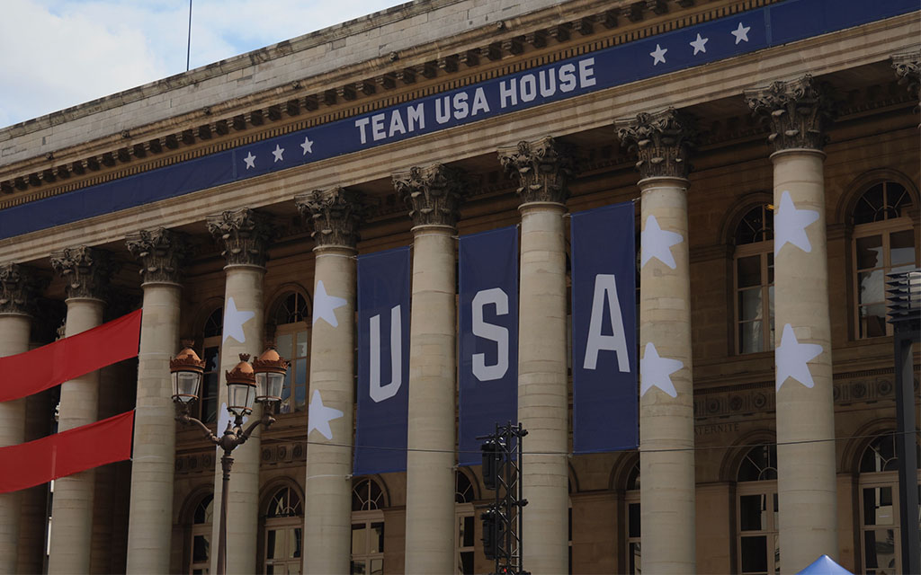 The Team USA House at Palais Brongniart sports the red, white and blue of the U.S. flag and offers a home base for fans to cheer on Team USA athletes. (Photo by Alexis Heichman/Special for Cronkite News)