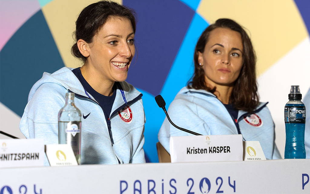 USA triathlete Kirsten Kasper, left, alongside teammate Taylor Spivey at a press conference in Paris. (Photo by Alexis Heichman/Special for Cronkite News)