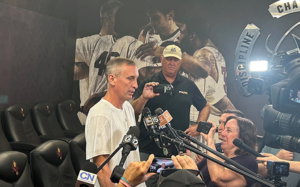 Head coach Bobby Hurley expresses optimism about the future as ASU men's basketball transitions to the Big 12 Conference. (Photo by Dylan Slager/Cronkite News)
