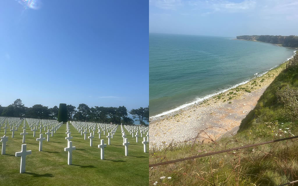 Left, the markers at the American Cemetery are a powerful reminder of lives lost. Right, the beaches of Normandy send a peaceful message today, a sharp contrast to the horrors there during World War II. (Photo by Scott Sandulli/Special for Cronkite News)