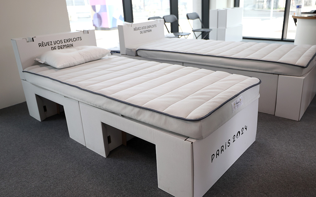 A look at the beds and mattresses inside a mattress fitting room in the Athletes' Village ahead of the Paris Olympics showcases the cardboard frame. (Photo by Maja Hitij/Getty Images)