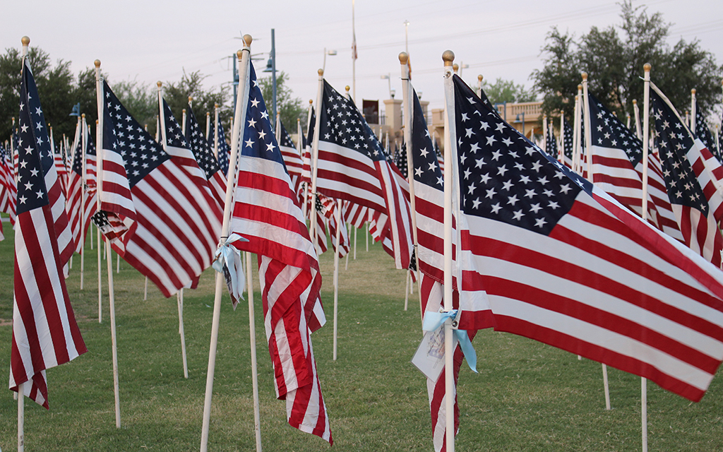 Each flag at the Tempe Healing Field on Sept. 11, 2024, has the name of a victim of the 9/11 terrorist attacks. (Photo by Aryton Temcio/Cronkite News)