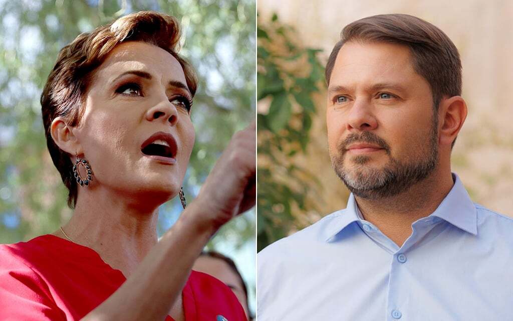 Izquierda: Kari Lake es la candidata republicana para el Senado de EE. UU. (Foto de archivo por Mariah Temprendola/Cronkite Noticias) Derecha: El congresista Ruben Gallego de Phoenix es el candidato demócrata. (Foto cortesía de Ruben Gallego para Arizona)