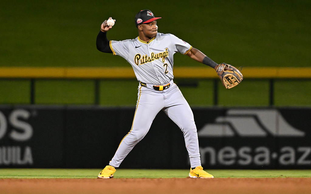 Pirates prospect Termarr Johnson winds up to throw a baseball