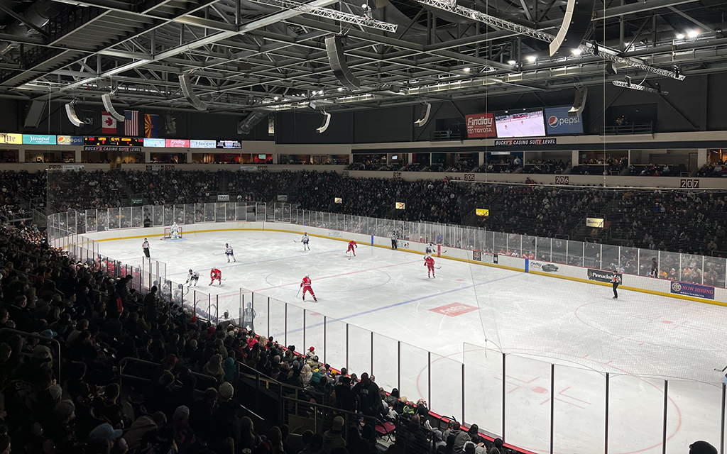 A hockey game in a packed indoor arena with players in red and white uniforms.
