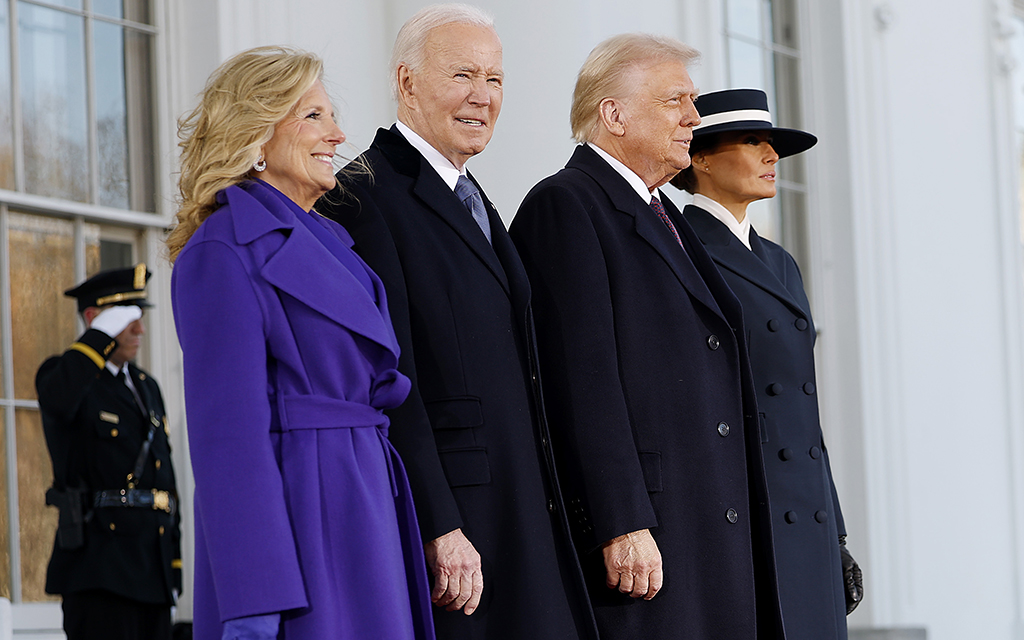 First lady Jill Biden, President Joe Biden, President-elect Donald Trump and Melania Trump stand together at the White House ahead of Trump’s Inauguration on Jan. 20, 2025. (Photo by Anna Moneymaker/Getty Images)