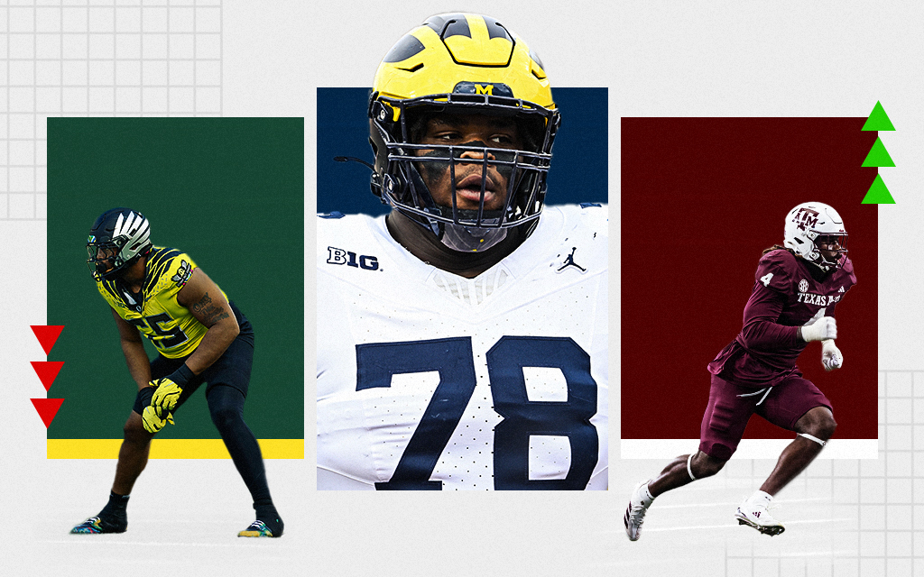 Three American football players set against colored backgrounds with directional arrows.