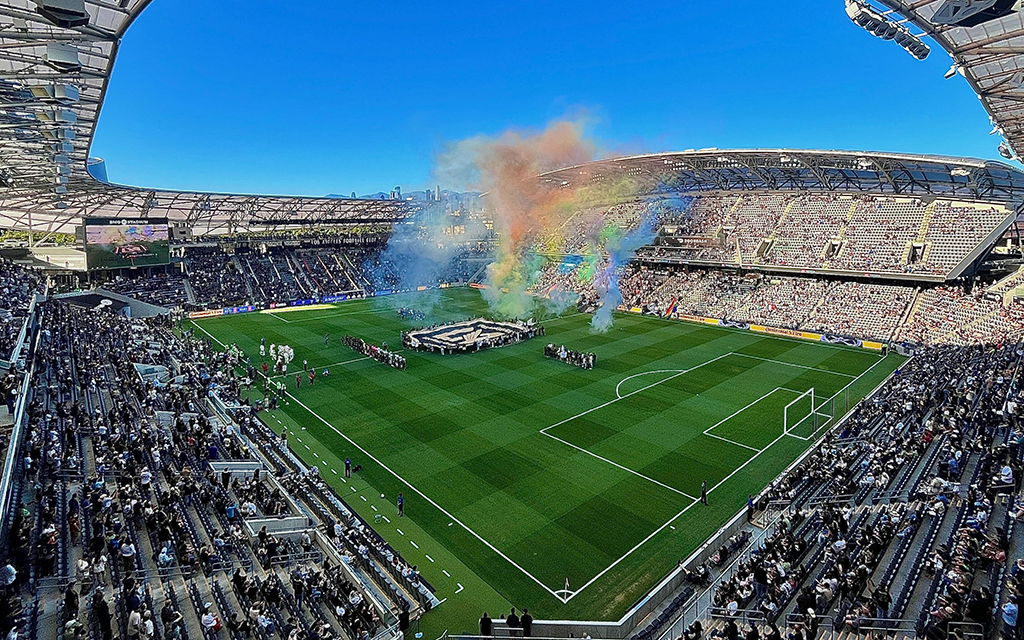Rainbow colored fireworks are set off at BMO Stadium before LAFC's match.